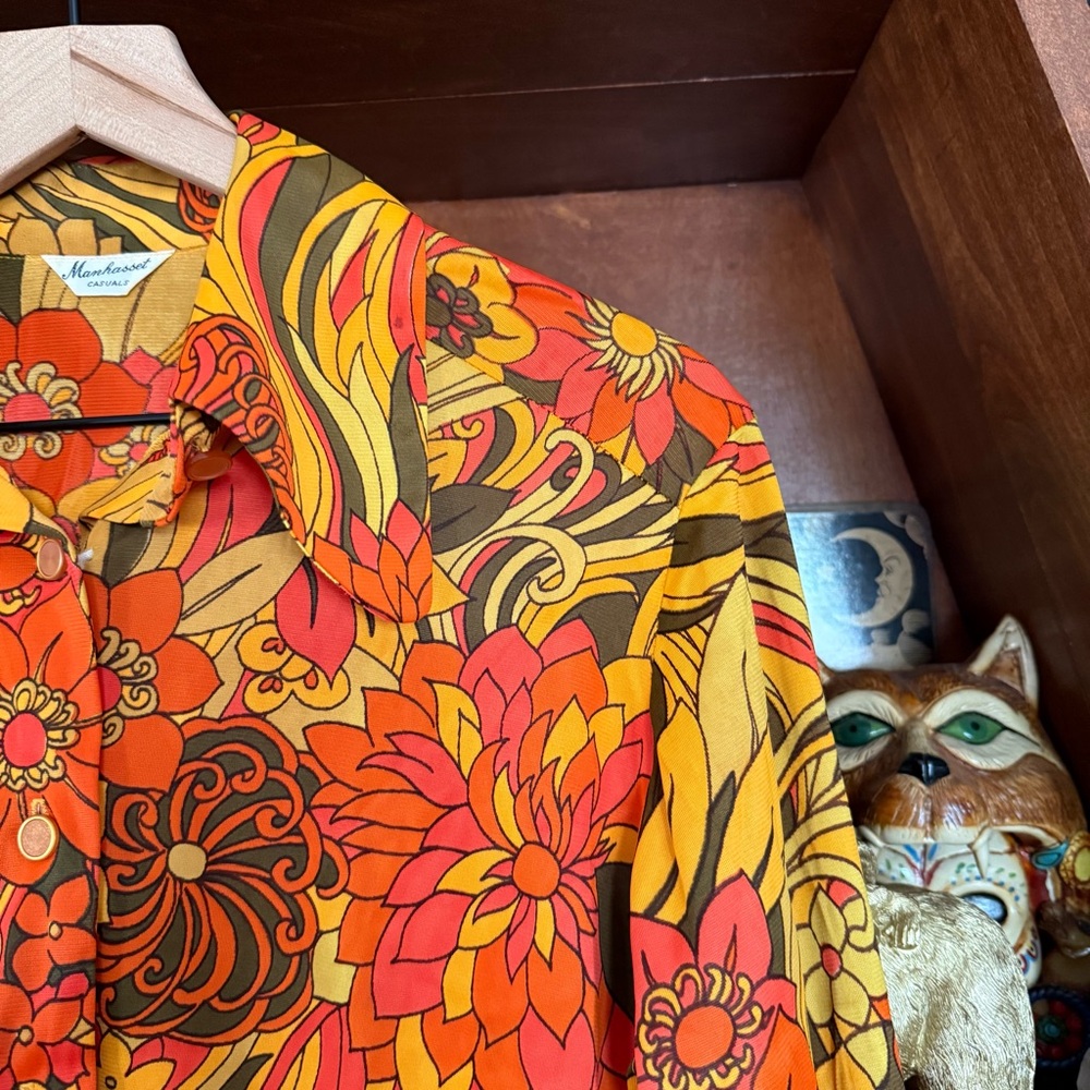 Vintage 60’s Manhassat Casuals Orange Yellow Floral Button Down Shirt - small